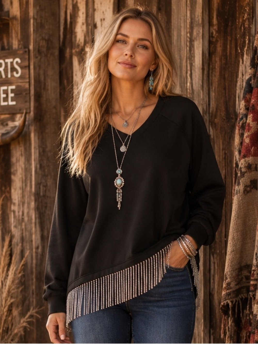 BlueVelvet Black Heavy Knit Crop  Top with Rhinestone Fringe Detail